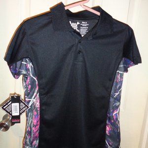 women's size small black polo shirt with pink camo on sides "Muddy Girl" nwt
